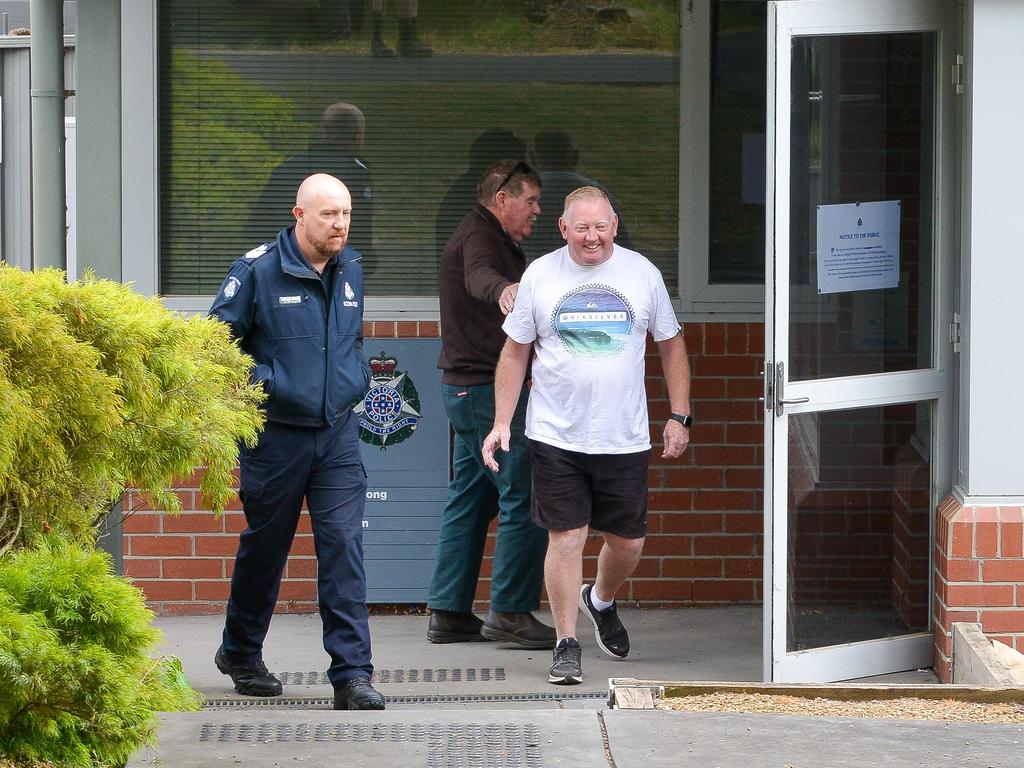 Samantha Murphy’s husband gets some encouragement from a friend at Buninyong Police Station. Picture: Ian Wilson