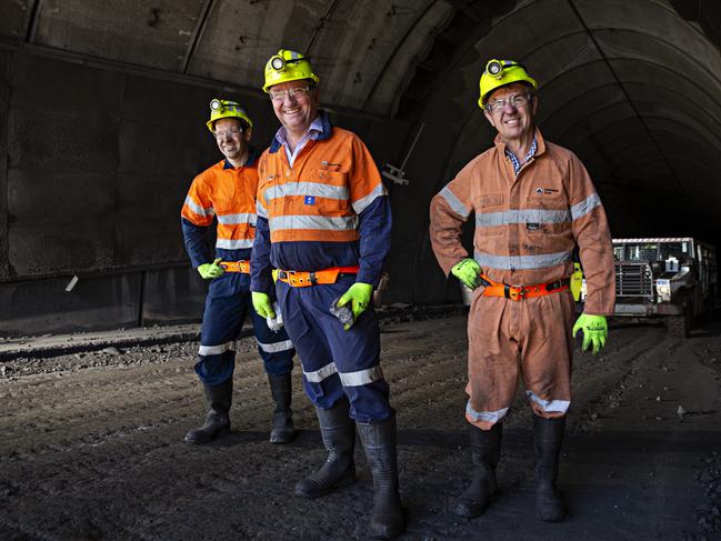 National MPs (LR) Matt Canavan, Barnaby Joyce and David Gillespie at the tunnel entrance of Mendalong Mine after they had a tour of the mine on the 26th of November. Picture: Adam Yip