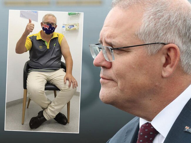 PM Scott Morrison on his way to the recent G7 in the UK, right, and getting his first dose of the Pfizer vaccine, left. Pictures: PMO/