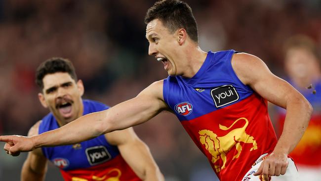 Hugh McCluggage celebrates a goal as Brisbane storm back into the contest. Picture: Michael Willson/AFL Photos via Getty Images