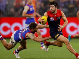 PERTH, AUSTRALIA - SEPTEMBER 25: Christian Petracca of the Demons and Marcus Bontempelli of the Bulldogs in action during the 2021 Toyota AFL Grand Final match between the Melbourne Demons and the Western Bulldogs at Optus Stadium on September 25, 2021 in Perth, Australia. (Photo by Michael Willson/AFL Photos via Getty Images)