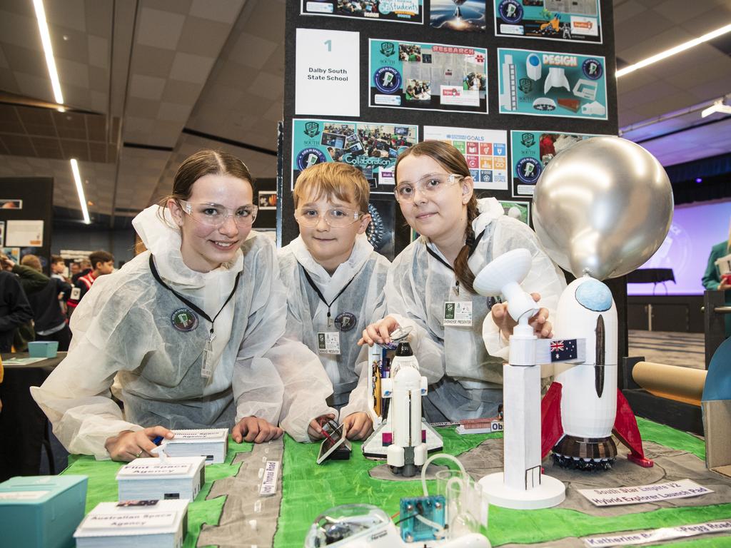 Dalby South State School students (from left) Lilly-Jade Cuzner, Vincent O'Hara and Marnii Davidson with their hybrid high altitude design project in Kids in Space Queensland finals and showcase at Edmund Rice Cultural Centre St Mary's College, Friday, June 7, 2024. Picture: Kevin Farmer