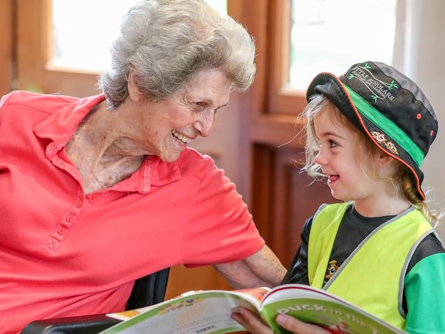 HillViewÕs Pat Eichhorn 88,enjoys a moment with Elise Lister, 3 while reading a book. Pic Tim MarsdenLittle Scholars visit retirement homes every week and have been doing it since before the similar ABC program aired Old People's Home for 4 Year Olds.