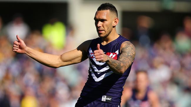 Harley Bennell celebrates a goal in Round 22 last year, one of just two games he had played for Fremantle. Photo: Paul Kane/Getty Images