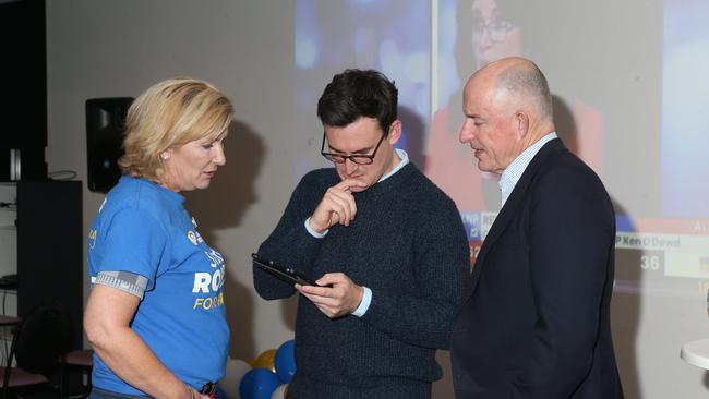 Election day for Gold Coast — Sam O'Connor and Fran Ward, the Fadden FDC chair person and Stuart Robert at the Southport Tigers AFL club. Picture Mike Batterham.