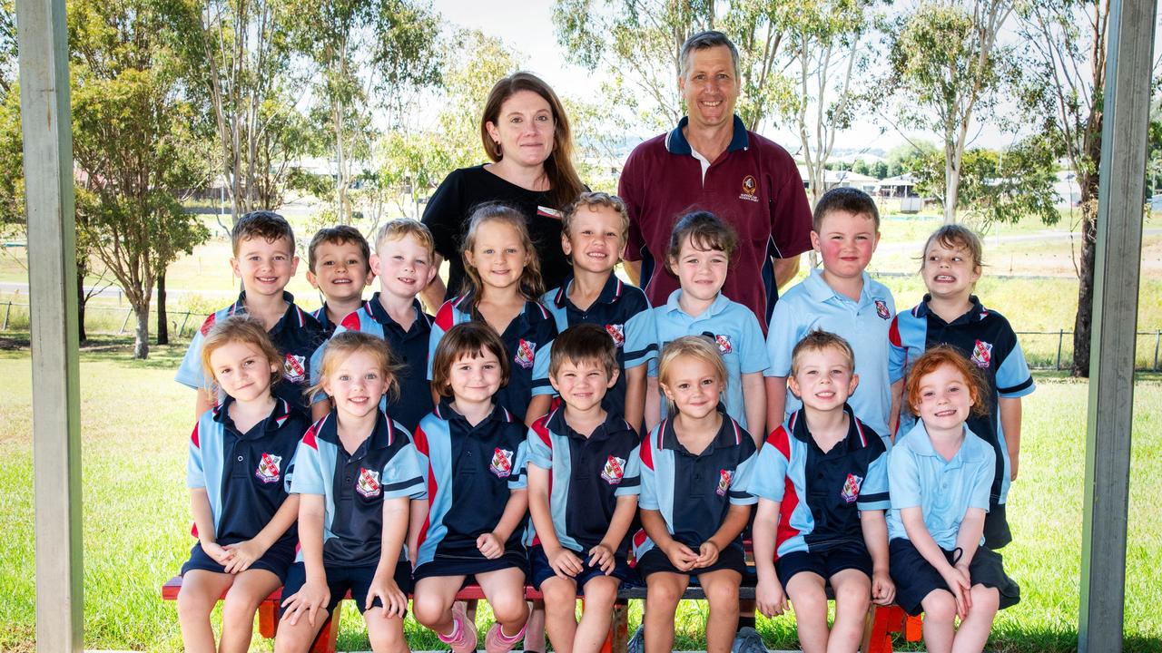 MY FIRST YEAR 2024: Meringandan State School Prep P students with teacher Ms Shannon Prowse and PE teacher Andrew Keirsnowski, February 2024. Picture: Bev Lacey