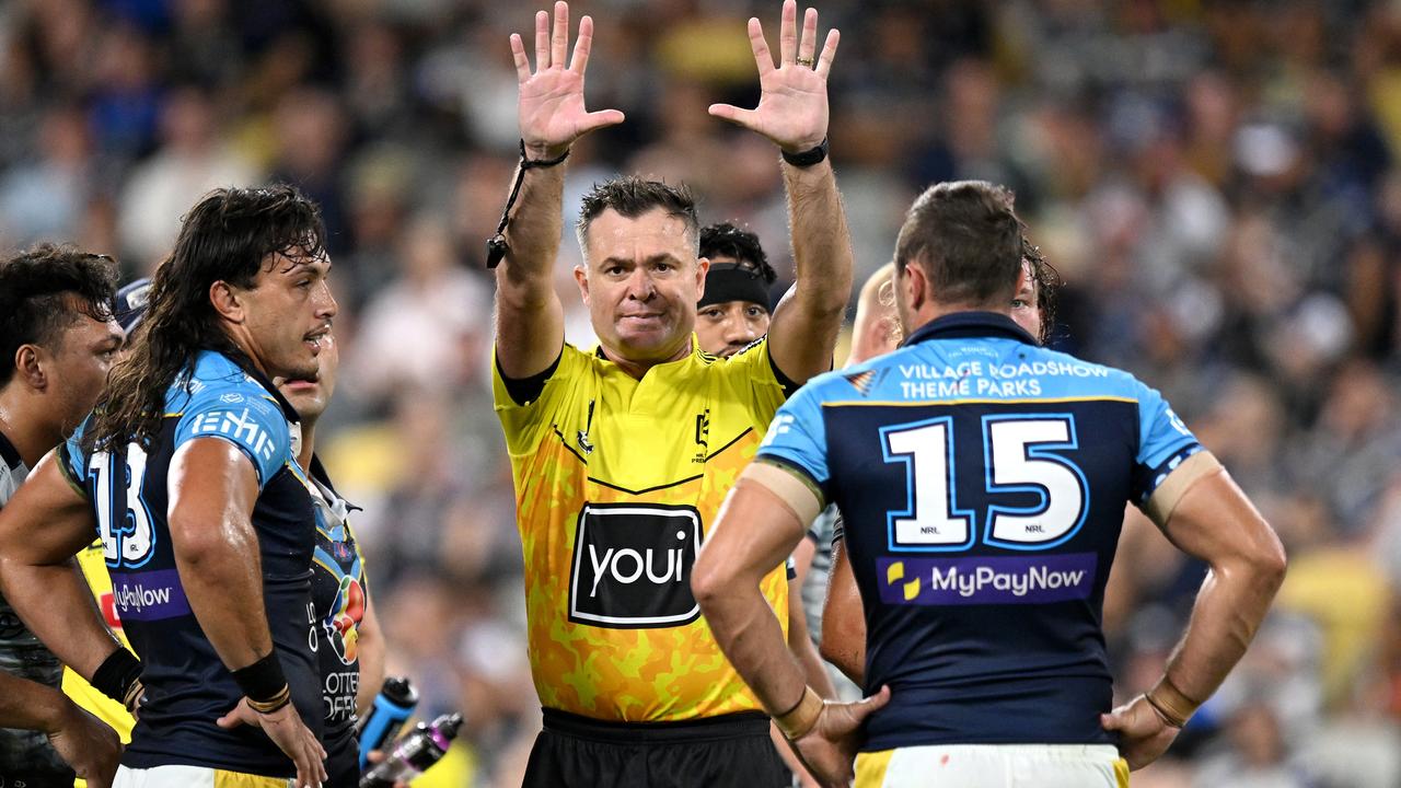 Titans Jaimin Jolliffe, Chris Butler Referee sin-binned during game against the North Queensland Cowboys in Townsville. Picture: NRL Photos