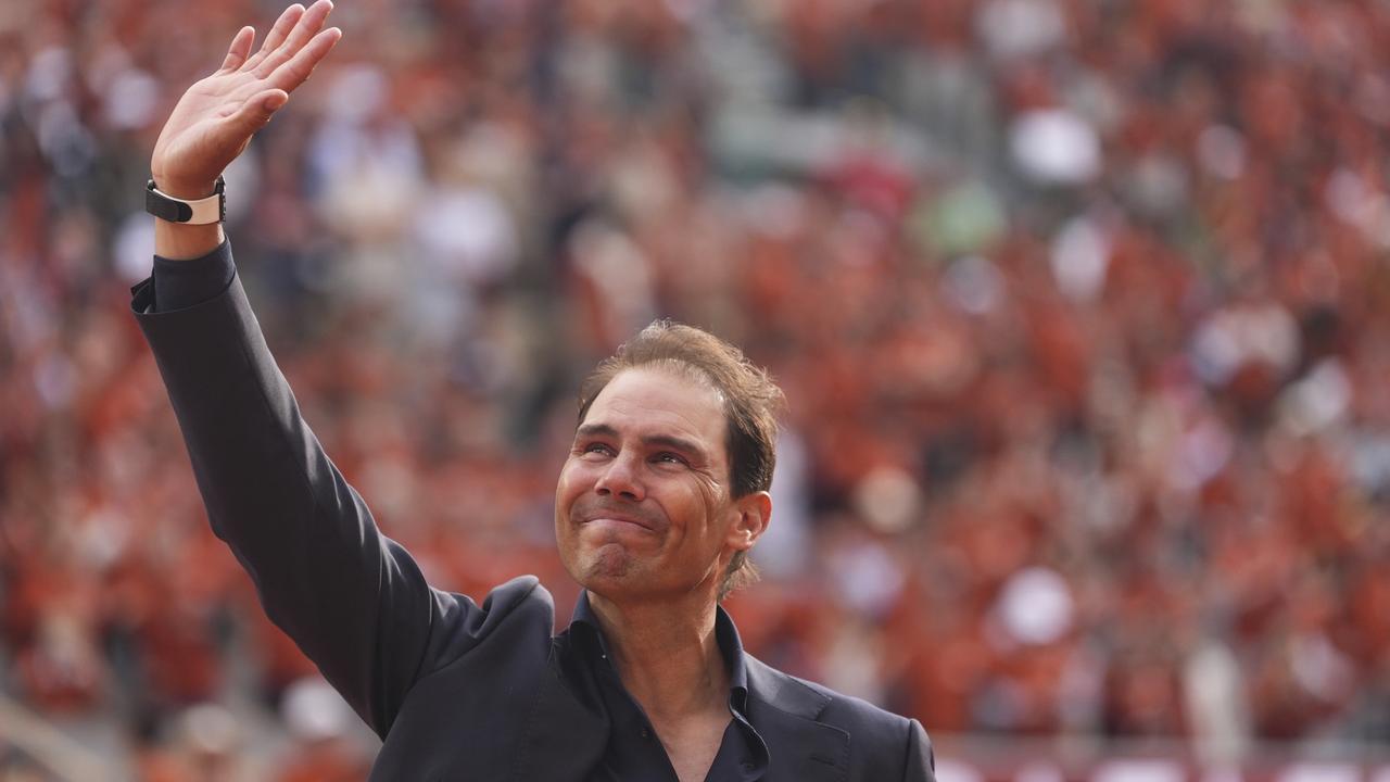 Rafa Nadal waves to the crowd during a farewell ceremony. (AP Photo/Lindsey Wasson)
