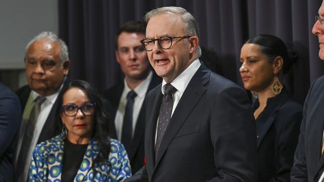 Prime Minister Anthony Albanese and the Referendum Working Group members hold a press conference on Monday. Picture: NCA NewsWire / Martin Ollman