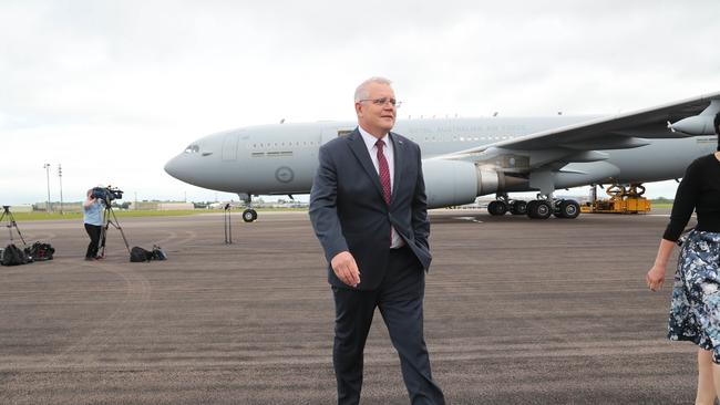 Prime Minister Scott Morrison lands in the United Kingdom ahead of the G7 Summit in Cornwall. Picture: Adam Taylor/PMO