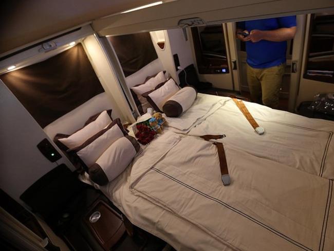 The pair enjoyed a flight in the Singapore Airlines First Class Suite. Picture: Dan Gillaspia/Upon Arriving