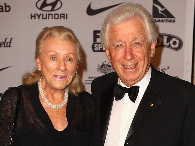 Frank Lowy, President of Football Australia and his wife Shirley Lowy arrive for the Australian football Awards at Sofitel Hotel on October 7, 2010 in Sydney. Picture: Getty