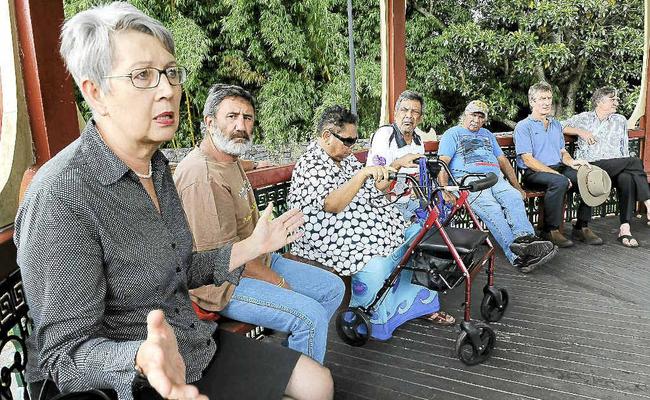 From left, Cr Jenny Dowell, with coal seam gas opponents Tubby McLean of Kyogle, Patsy Nagas of Kyogle, Reg King of Lismore, Harry Boyd of Crabbes Creek, Ian Gaillard of Keerong