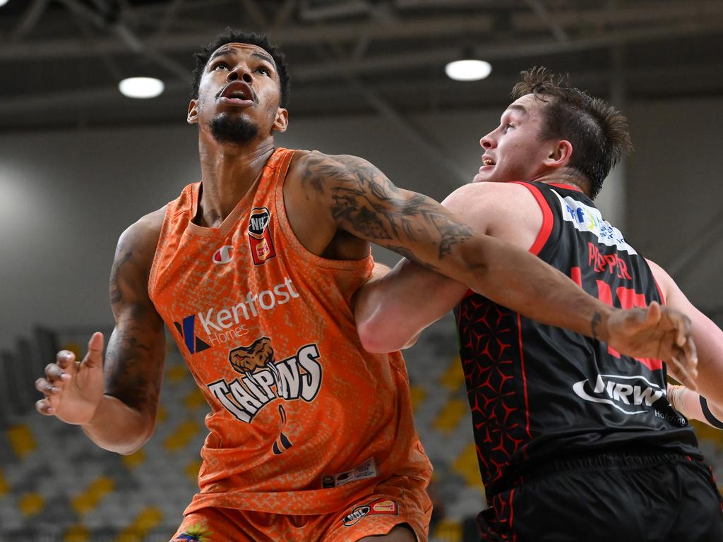 Dillon Stith of the Taipans competes for the rebound against Elijah Pepper of the Wildcats during the 2024 NBL Blitz match between Cairns Taipans and Perth Wildcats at Gold Coast Sports and Leisure Centre on September 12, 2024 in Gold Coast, Australia. (Photo by Matt Roberts/Getty Images)