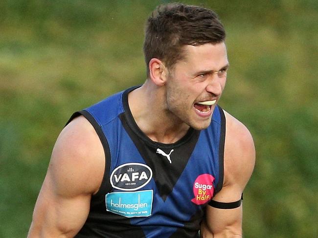 Kieran Harper of Uni Blues celebrates a last quarter goal during VAFA (Premier) Grand  Final: University Blues v St Kevin's on Sunday, September 22, 2019, in Elsternwick, Victoria, Australia. Picture: Hamish Blair