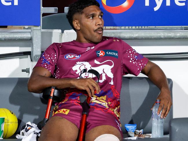 Keidean Coleman on the bench after suffering an ACL injury. Picture: Russell Freeman/AFL Photos via Getty Images.