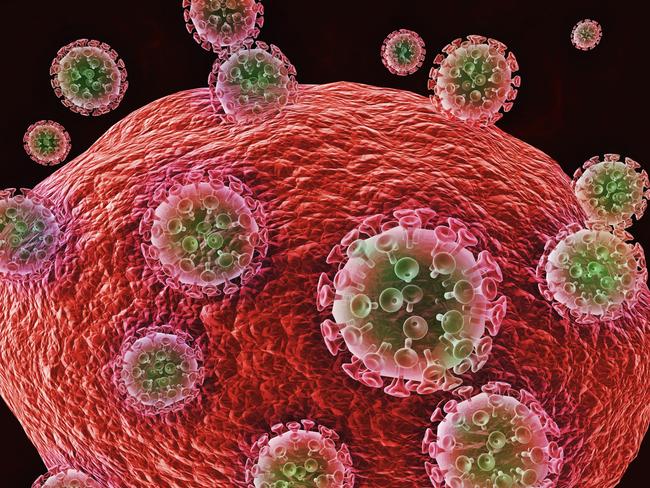 An illustration of the deadly HIV virus surrounding and attacking a host cell.