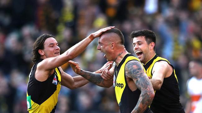 Richmond players celebrate during their 2019 Grand Final win. Picture: Phil Hillyard