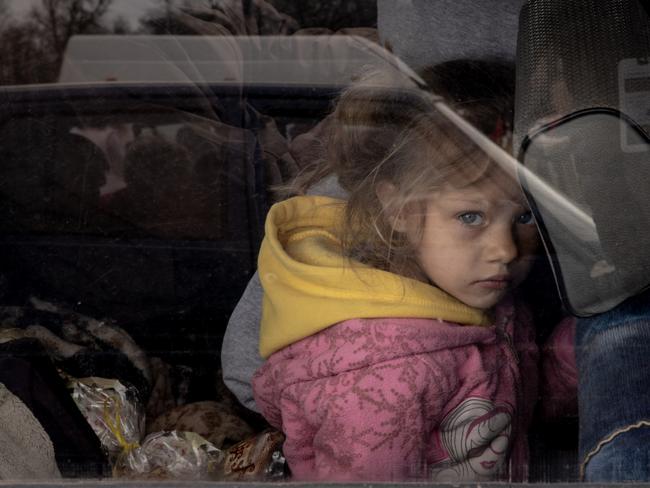 A girl after arriving at an evacuation point for people fleeing Mariupol, Melitopol and the surrounding towns under Russian control. Picture: Getty Images