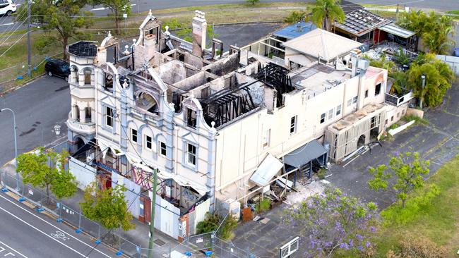 The fire-damaged Broadway Hotel in Woolloongabba. Picture: AAP/Richard Walker