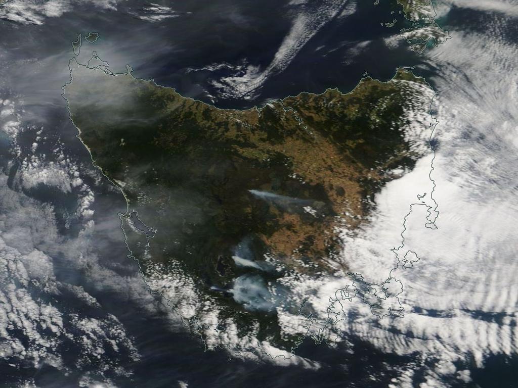 Satellite image of the fires burning in Tasmania on January 16, 2019. Picture: NASA