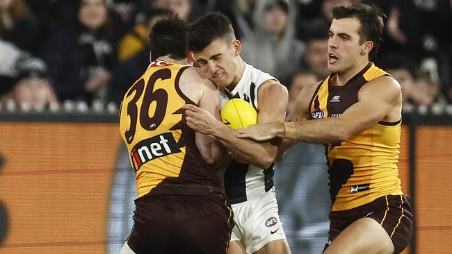 Daicos was crunched during loss to Hawthorn on Saturday. Picture: Daniel Pockett/Getty Images