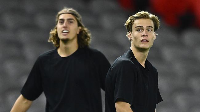 Luke Jackson and Trent Rivers ahead of their AFL debut. Picture: Quinn Rooney/Getty Images