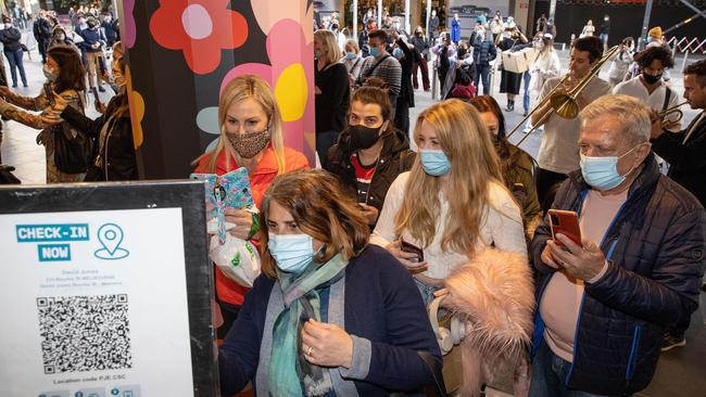 Shoppers check-in before entering David Jones in the CBD. Picture: Mark Stewart.