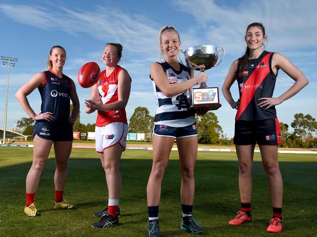 July 31st 2020 - The SANFLW finals start next weekend and the final four are locked in with Norwood, North Adelaide, South Adelaide and West Adelaide preparing to contest the major round. Captains (L-R) Ali Ferrall (Norwood), Leah Tynan (North), Sam Pratt (South) and Lauren Gee (West) at Thebarton Oval . Picture: Naomi Jellicoe