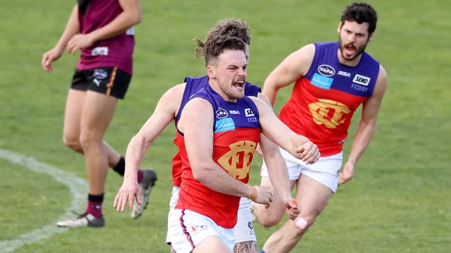 Donovan Toohey of Fitzroy celebrates his goal in the VAFA Premier B elimination final at Piranha Park, Coburg. Picture: George Salpigtidis