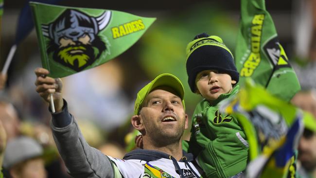 Raiders fans react during the NRL Preliminary Final match between the Canberra Raiders and South Sydney Rabbitohs at GIO Stadium in Canberra, Friday, September 27, 2019. (AAP Image/Lukas Coch) NO ARCHIVING, EDITORIAL USE ONLY