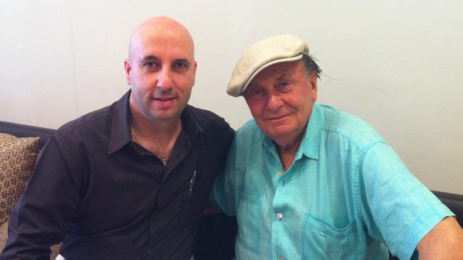 Comedian Barry Humphries in Adelaide with Nick Cardone at Cardone’s in Glenelg in 2013.