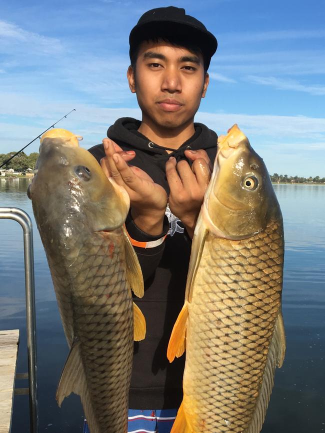 Fishers with some of the carp reeled in during Carp Frenzy at Lake Bonney.