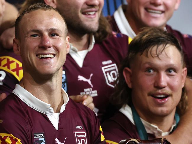 SYDNEY, AUSTRALIA - JULY 12:  Daly Cherry-Evans of the Maroons celebrates with team mates after winning the series 2-1 after game three of the State of Origin series between New South Wales Blues and Queensland Maroons at Accor Stadium on July 12, 2023 in Sydney, Australia. (Photo by Mark Kolbe/Getty Images)