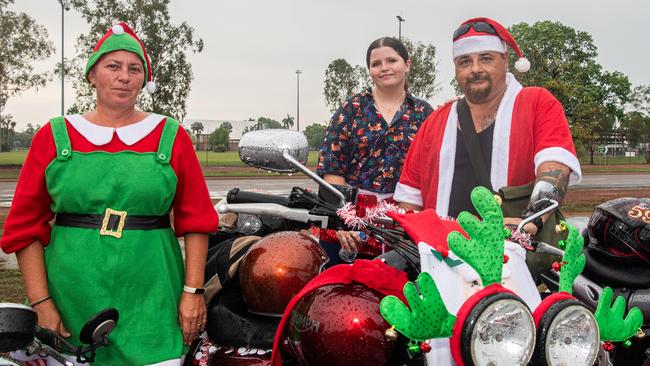 Sam Rasmussen, Glenden Rasmussen and Harley Rasmussen joined Darwin's motorbike community at the NT Motorcycle Centre to raise money and awareness for the Salvation Army's annual Christmas Toy Ride. Picture: Pema Tamang Pakhrin