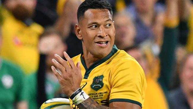 Israel Folau of the Wallabies in action during the First Test between Australia and Ireland at Suncorp Stadium in Brisbane, Saturday, June 9, 2018. (AAP Image/Darren England) NO ARCHIVING, EDITORIAL USE ONLY