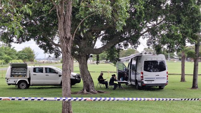 Police at the scene near McKittrick Park on Ryan St, Grafton on Wednesday, December 11, 2024, where a man was shot by officers after allegedly making threats with a knife. Picture: Toni Moon.