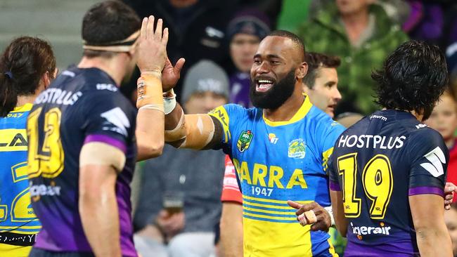 Semi Radradra of the Eels celebrates after scoring a try.