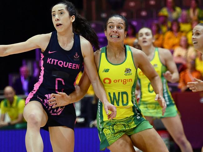 CAPE TOWN, SOUTH AFRICA - JULY 31: Hannah Leighton of Scotland and Ash Brazill of Australia during the Netball World Cup 2023, Pool F match between Australia and Scotland at Cape Town International Convention Centre Court 1 on July 31, 2023 in Cape Town, South Africa. (Photo by Ashley Vlotman/Gallo Images/Netball World Cup 2023)
