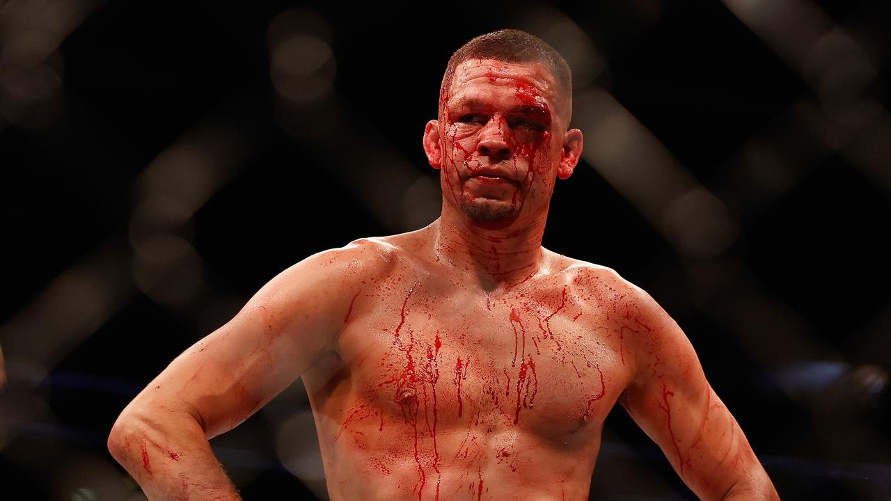 GLENDALE, ARIZONA - JUNE 12: Nate Diaz reacts during his UFC 263 welterweight match against Leon Edwards of Jamaica at Gila River Arena on June 12, 2021 in Glendale, Arizona.