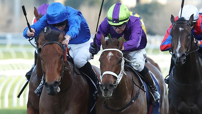 The Chris Waller-trained Invader Zim (purple, lime cap) is Ron Dufficy’s best bet of the dat at Wyong on Saturday. Picture: Jeremy Ng / Getty Images