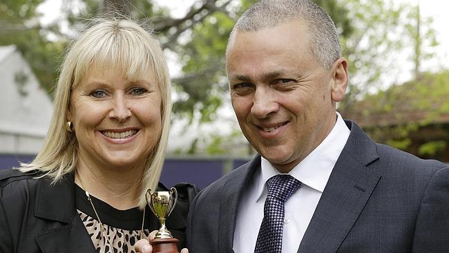 Lynlea and David Puglisi, the owners of Caulfield Cup favourite Hawkspur, after the barrier draw. Picture: Wayne Ludbey