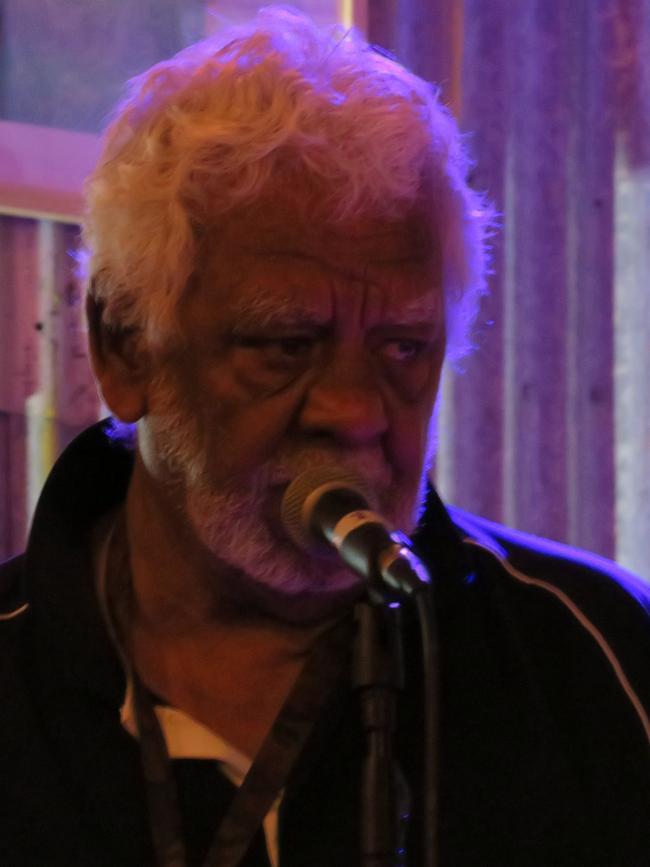 William Tillmouth addresses the crowd at the Greens justice and community safety policy launch at the Watertank cafe, Alice Springs on may 23, 2024