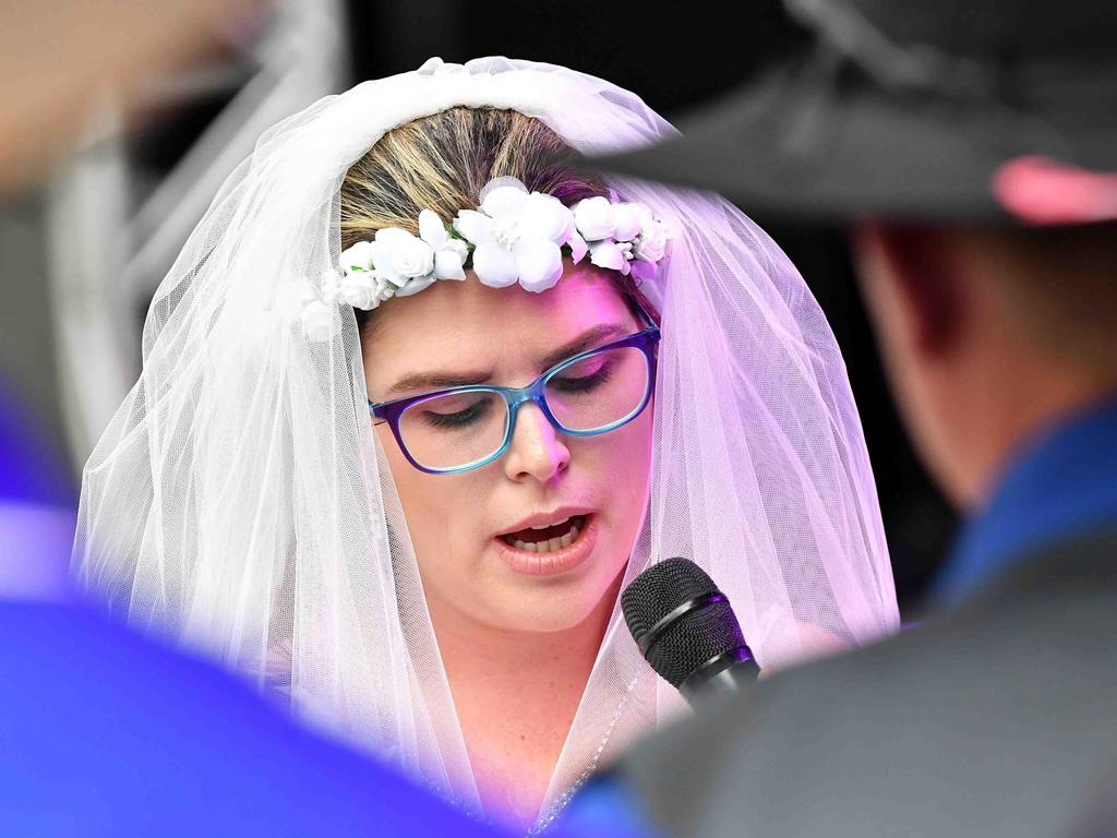 Simone Ward and Geoffrey Borninkhof, were married on The Hill Stage at Gympie Music Muster. Picture: Patrick Woods.