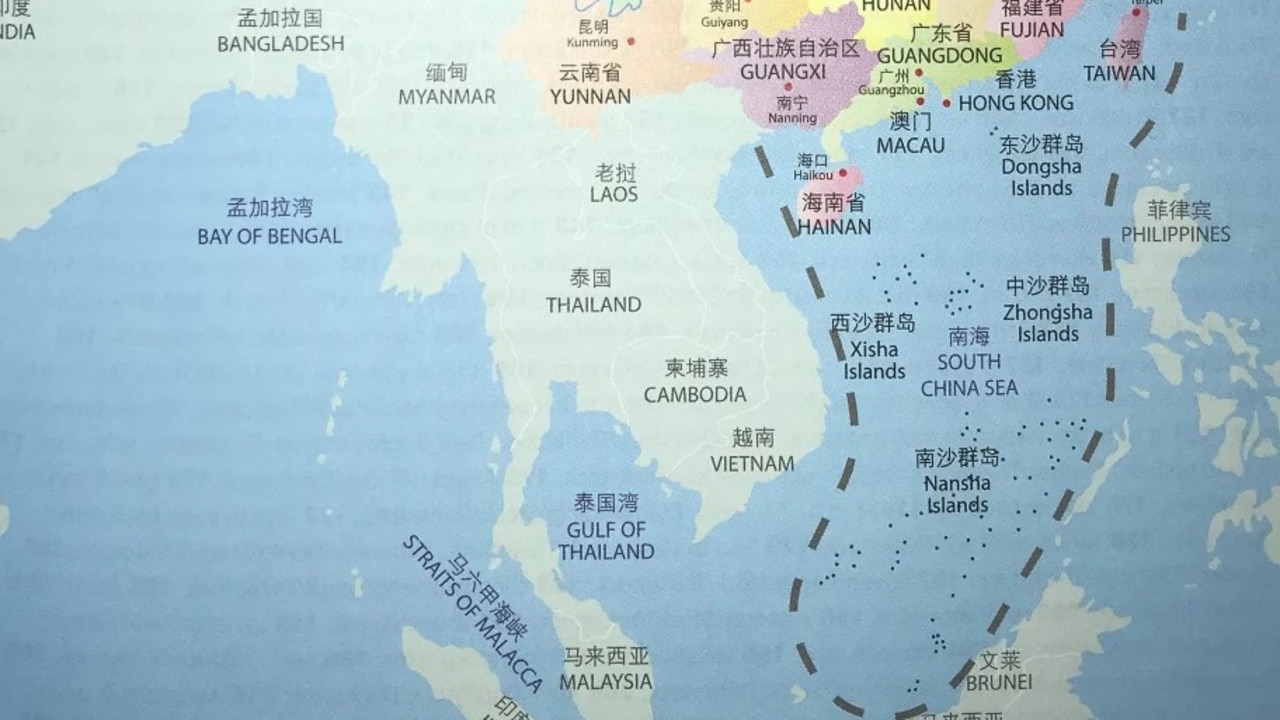 Textbook from publisher Cengage Learning displays a map of China showing controversial and disputed nine dash line.