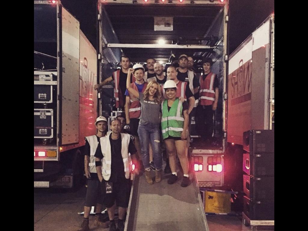 “Getting involved ... or maybe just ‘in the way!!!’....of loadout!! Keep on truckin’!! #kissmeoncetour #AUSTRALIA See you in Melbourne tonight!!!” Picture: Kylie Minogue/Instagram