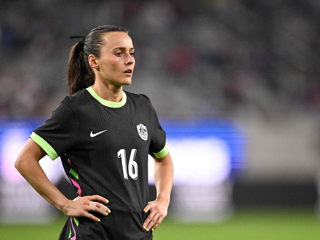 Matildas star Hayley Raso reflects on Australia’s 2-1 loss to Colombia. Picture: Orlando Ramirez / Getty Images via AFP