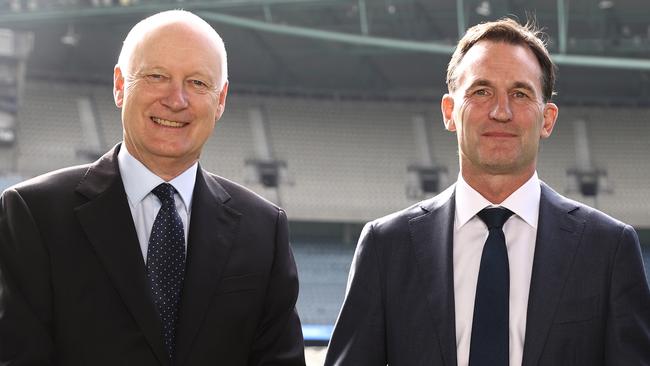 MELBOURNE. 30/04/2023. AFL. AFL Press conference announcing Andrew Dillon as the incoming CEO at there end of this years AFL season .  Andrew Dillon with AFL commission chairman Richard Goyder and current AFL CEO Gillon McLachlan . Pic: Michael Klein