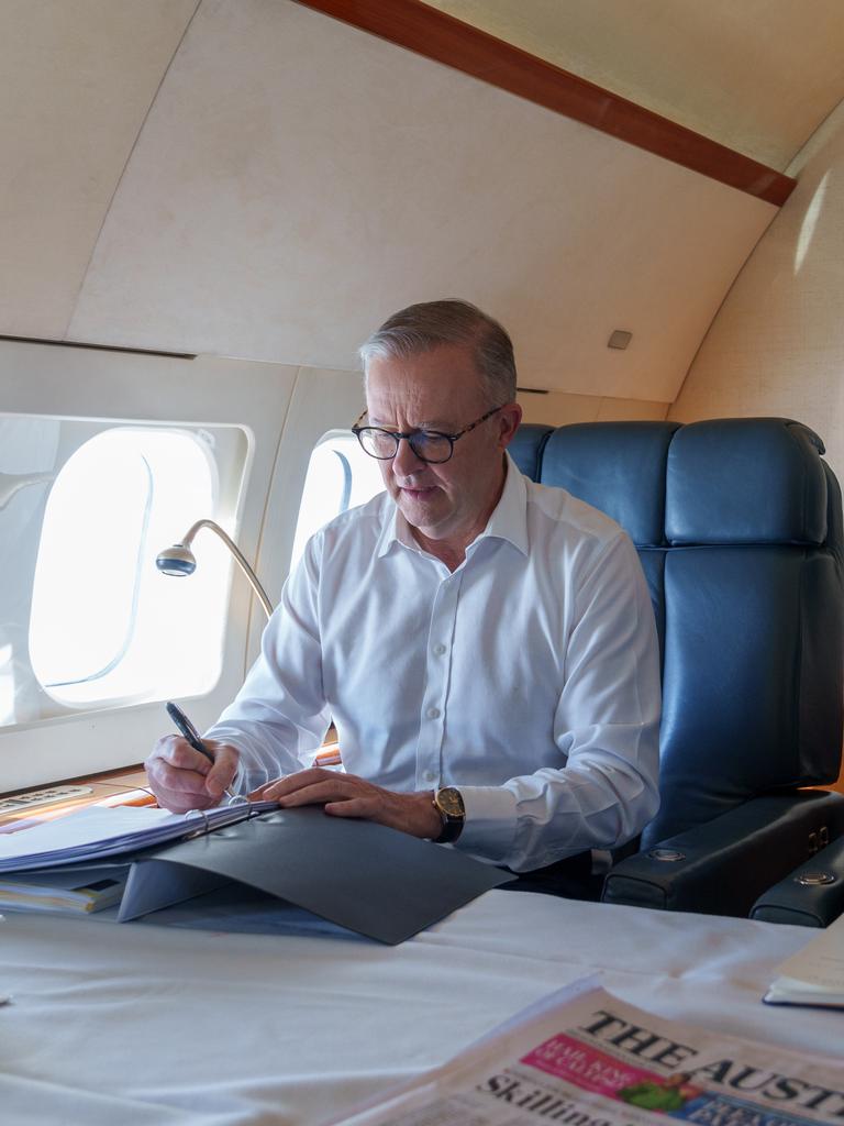 Prime Minister Anthony Albanese on board an RAAF aircraft flight from Sydney to Brisbane. Picture: Lachlan McKenzie/Supplied