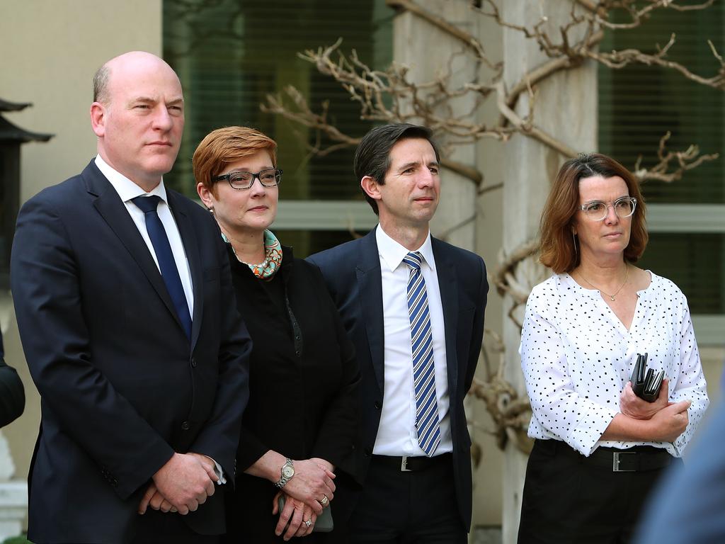Trent Zimmerman, Marise Payne, Simon Birmingham, and Anne Ruston listening to  the PM Malcolm Turnbull holds a press conference at Parliament House in Canberra. Picture Kym Smith